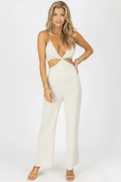 LEVEE OATMEAL HALTER SMOCK TOP LINEN JUMPSUIT NEW ARRIVALS