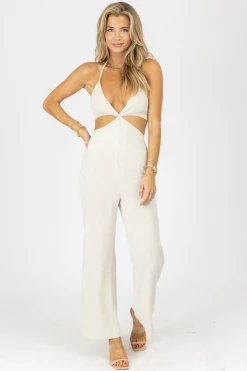 LEVEE OATMEAL HALTER SMOCK TOP LINEN JUMPSUIT NEW ARRIVALS 9 LEVEE OATMEAL HALTER SMOCK TOP LINEN JUMPSUIT NEW ARRIVALS