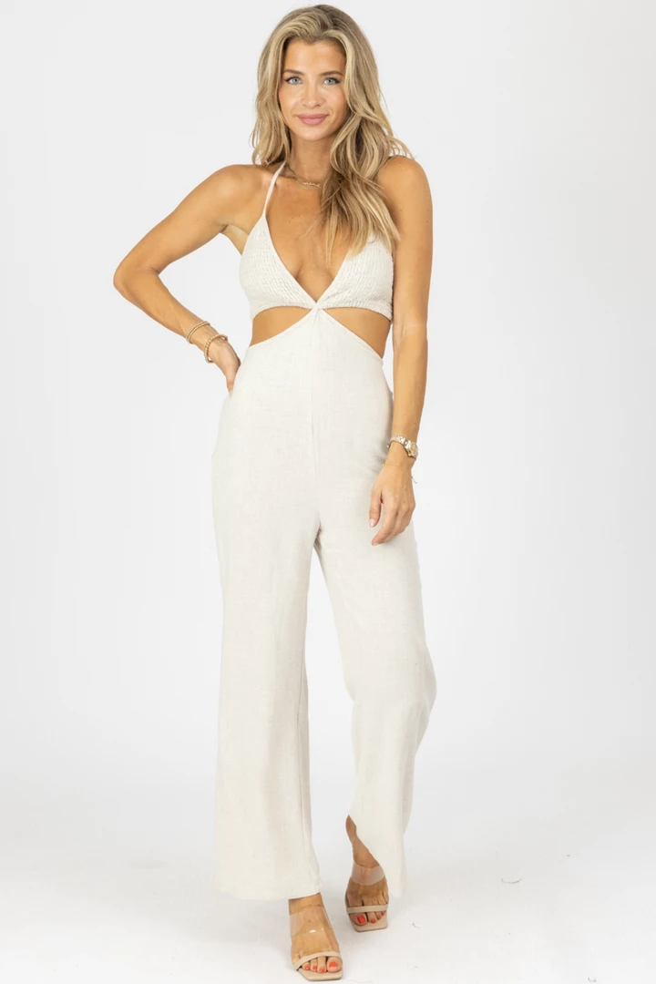 LEVEE OATMEAL HALTER SMOCK TOP LINEN JUMPSUIT NEW ARRIVALS 4 LEVEE OATMEAL HALTER SMOCK TOP LINEN JUMPSUIT NEW ARRIVALS