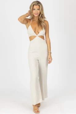 LEVEE OATMEAL HALTER SMOCK TOP LINEN JUMPSUIT NEW ARRIVALS