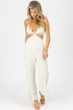 LEVEE OATMEAL HALTER SMOCK TOP LINEN JUMPSUIT NEW ARRIVALS 8 LEVEE OATMEAL HALTER SMOCK TOP LINEN JUMPSUIT NEW ARRIVALS