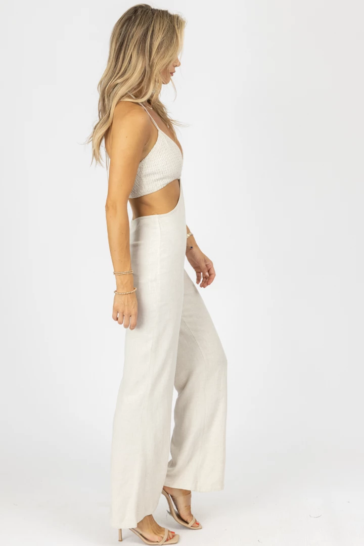 LEVEE OATMEAL HALTER SMOCK TOP LINEN JUMPSUIT NEW ARRIVALS 5 LEVEE OATMEAL HALTER SMOCK TOP LINEN JUMPSUIT NEW ARRIVALS