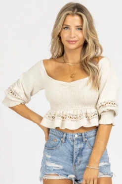 FORE COLLECTION CLOTHING OATMEAL SMOCKED CROCHET + LINEN CROP