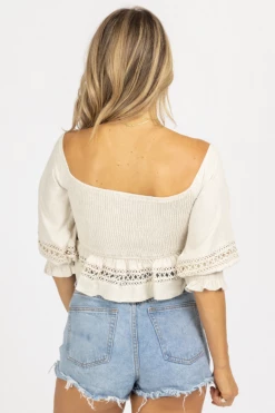 FORE COLLECTION CLOTHING OATMEAL SMOCKED CROCHET + LINEN CROP 9 FORE COLLECTION CLOTHING OATMEAL SMOCKED CROCHET + LINEN CROP