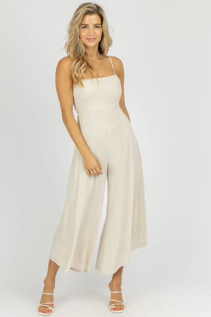 FORE COLLECTION CLOTHING OATMEAL WIDE LEG TIE BACK JUMPSUIT *BACK IN STOCK* 1 FORE COLLECTION CLOTHING OATMEAL WIDE LEG TIE BACK JUMPSUIT *BACK IN STOCK*