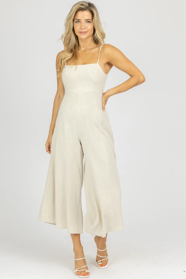 FORE COLLECTION CLOTHING OATMEAL WIDE LEG TIE BACK JUMPSUIT *BACK IN STOCK* 2 FORE COLLECTION CLOTHING OATMEAL WIDE LEG TIE BACK JUMPSUIT *BACK IN STOCK*