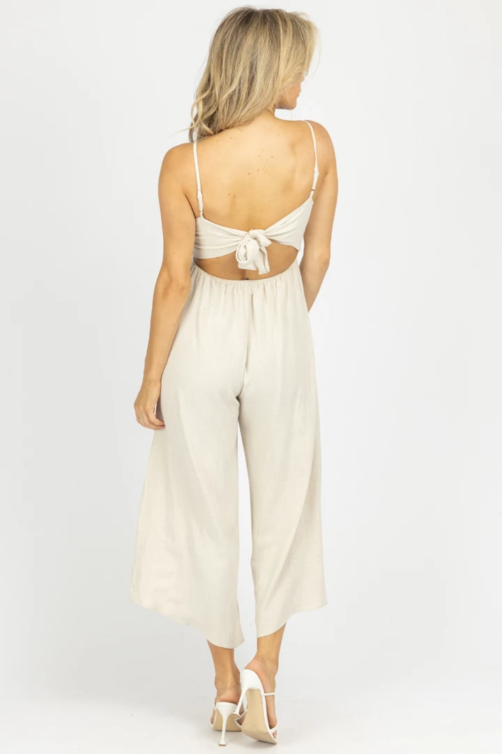 FORE COLLECTION CLOTHING OATMEAL WIDE LEG TIE BACK JUMPSUIT *BACK IN STOCK* 6 FORE COLLECTION CLOTHING OATMEAL WIDE LEG TIE BACK JUMPSUIT *BACK IN STOCK*