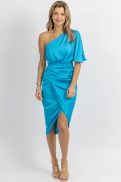 DO + BE OCEAN BLUE SATIN ONE SHOULDER WRAP DRESS NEW ARRIVALS