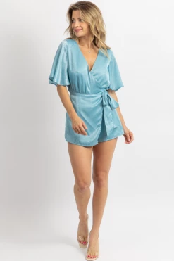 DAY + MOON NEW ARRIVALS OCEAN GREEN SATIN WRAP ROMPER