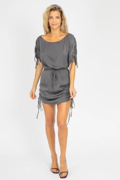 BLUE BLUSH CLOTHING CHARCOAL OFF SHOULDER CINCH DRESS