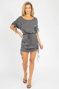 BLUE BLUSH CLOTHING CHARCOAL OFF SHOULDER CINCH DRESS