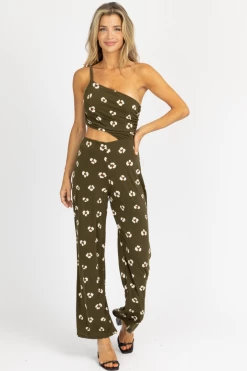 ENDLESS BLU NEW ARRIVALS OLIVE ABSTRACT OPEN SIDE ONE SHOULDER JUMPSUIT