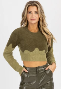BLUE BLUSH OLIVE ABSTRACT CONTRAST CROP SWEATER *BACK IN STOCK*