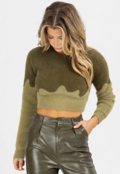 BLUE BLUSH OLIVE ABSTRACT CONTRAST CROP SWEATER *BACK IN STOCK*