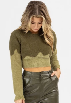 BLUE BLUSH OLIVE ABSTRACT CONTRAST CROP SWEATER *BACK IN STOCK*