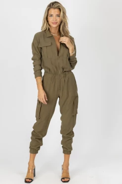 MALIBU BUM NEW ARRIVALS OLIVE CARGO POCKET ZIPPED JUMPSUIT