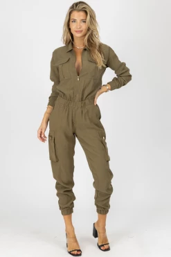 MALIBU BUM NEW ARRIVALS OLIVE CARGO POCKET ZIPPED JUMPSUIT