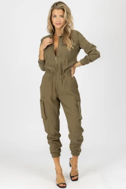MALIBU BUM NEW ARRIVALS OLIVE CARGO POCKET ZIPPED JUMPSUIT