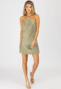 FORE COLLECTION NEW ARRIVALS OLIVE CHAIN STRAP OPEN BACK MINI DRESS