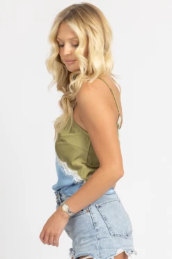 PRETTY GARBAGE CLOTHING OLIVE COLOR BLOCK LACE SATIN CAMI