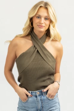 TREND SHOP NEW ARRIVALS OLIVE CROSSNECK HALTER TOP 9 TREND SHOP NEW ARRIVALS OLIVE CROSSNECK HALTER TOP