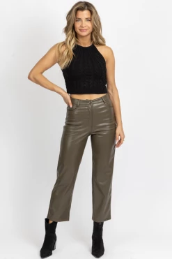 MISS LOVE NEW ARRIVALS DUSTY OLIVE FAUX LEATHER FLARE PANT