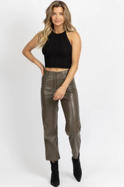 MISS LOVE NEW ARRIVALS DUSTY OLIVE FAUX LEATHER FLARE PANT
