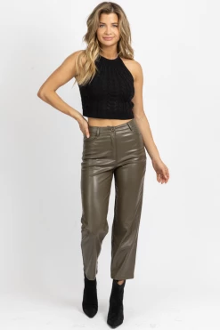 MISS LOVE NEW ARRIVALS DUSTY OLIVE FAUX LEATHER FLARE PANT
