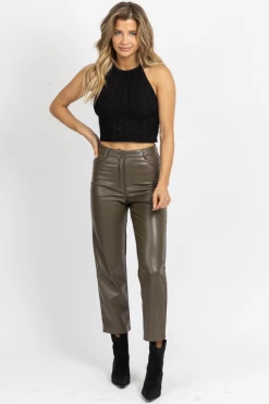 MISS LOVE NEW ARRIVALS DUSTY OLIVE FAUX LEATHER FLARE PANT