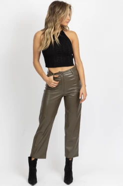 MISS LOVE NEW ARRIVALS DUSTY OLIVE FAUX LEATHER FLARE PANT
