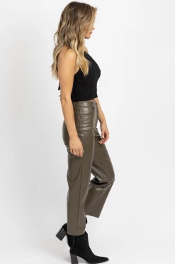 MISS LOVE NEW ARRIVALS DUSTY OLIVE FAUX LEATHER FLARE PANT