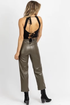 MISS LOVE NEW ARRIVALS DUSTY OLIVE FAUX LEATHER FLARE PANT