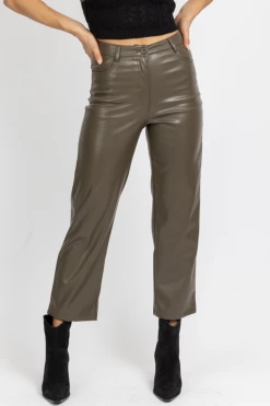 MISS LOVE NEW ARRIVALS DUSTY OLIVE FAUX LEATHER FLARE PANT