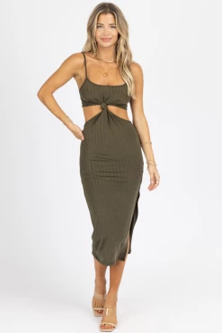 ENDLESS BLU NEW ARRIVALS OLIVE KNOT FRONT MIDI DRESS