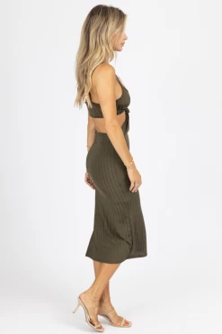 ENDLESS BLU NEW ARRIVALS OLIVE KNOT FRONT MIDI DRESS