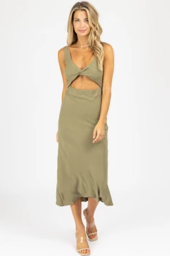 MABLE NEW ARRIVALS OLIVE COTTON OPEN FRONT TWIST MIDI DRESS