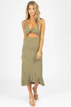 MABLE NEW ARRIVALS OLIVE COTTON OPEN FRONT TWIST MIDI DRESS 11 MABLE NEW ARRIVALS OLIVE COTTON OPEN FRONT TWIST MIDI DRESS