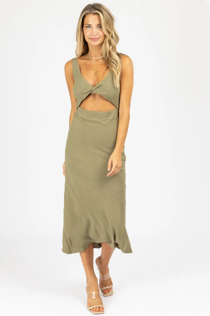 MABLE NEW ARRIVALS OLIVE COTTON OPEN FRONT TWIST MIDI DRESS 6 MABLE NEW ARRIVALS OLIVE COTTON OPEN FRONT TWIST MIDI DRESS