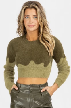 L'ABEYE Sales Shop 38 BLUE BLUSH OLIVE ABSTRACT CONTRAST CROP SWEATER *BACK IN STOCK*