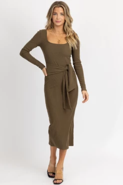 LENA NEW ARRIVALS OLIVE LONG SLEEVE TIE FRONT MAXI DRESS *BACK IN STOCK*