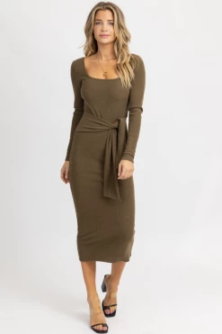 LENA NEW ARRIVALS OLIVE LONG SLEEVE TIE FRONT MAXI DRESS *BACK IN STOCK*