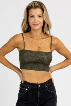 EMORY PARK OLIVE LEATHER SMOCKING CROP TOP NEW ARRIVALS