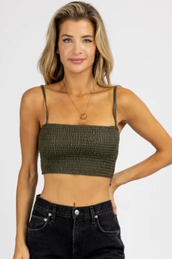 EMORY PARK OLIVE LEATHER SMOCKING CROP TOP NEW ARRIVALS