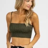 EMORY PARK OLIVE LEATHER SMOCKING CROP TOP NEW ARRIVALS
