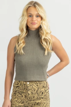 SHE & SKY LIGHT OLIVE MOCK NECK KNIT TANK NEW ARRIVALS