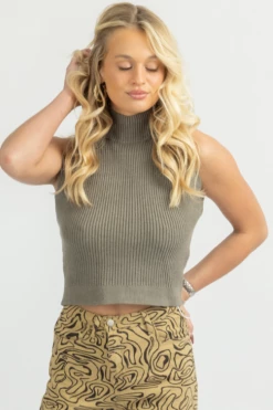 SHE & SKY LIGHT OLIVE MOCK NECK KNIT TANK NEW ARRIVALS