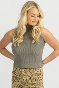 SHE & SKY LIGHT OLIVE MOCK NECK KNIT TANK NEW ARRIVALS