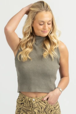SHE & SKY LIGHT OLIVE MOCK NECK KNIT TANK NEW ARRIVALS