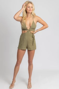 ENDLESS BLU NEW ARRIVALS OLIVE MULTI-WAY CUTOUT TIE ROMPER