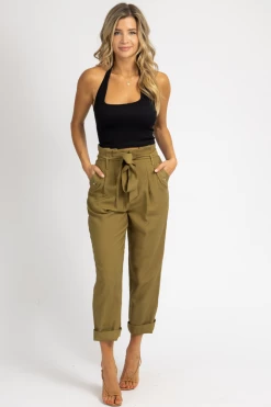 FORE COLLECTION CLOTHING OLIVE PLEATED TIE-BELT TROUSERS